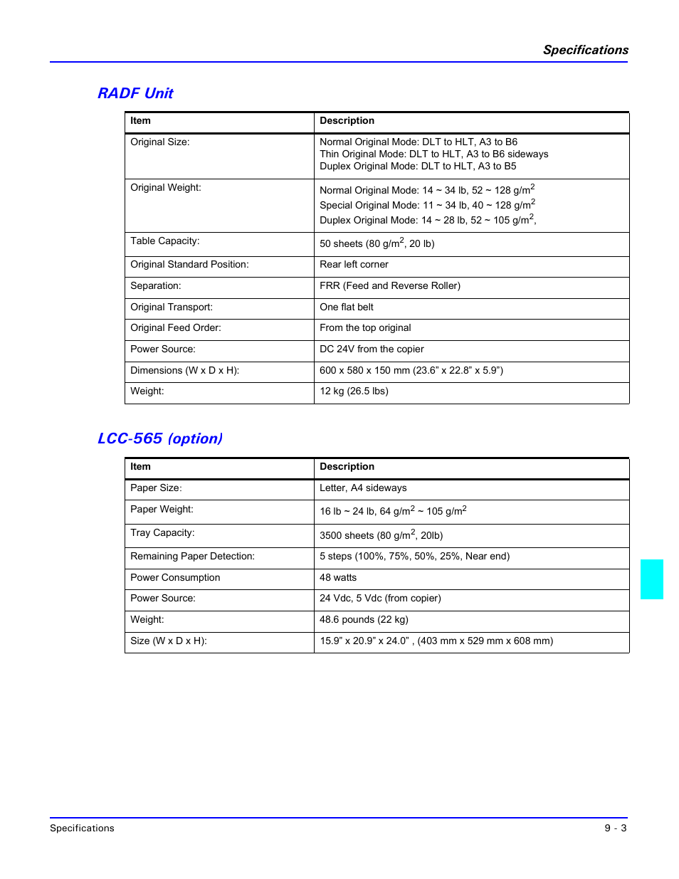 Radf unit, Lcc-565 (option), Radf unit -3 lcc-565 (option) -3 | Radf unit lcc-565 (option), Specifications | Lanier 5470 User Manual | Page 161 / 184