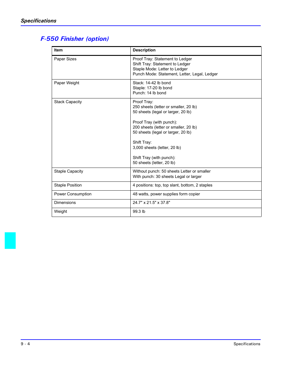 F-550 finisher (option), F-550 finisher (option) -4, Specifications | Lanier 5470 User Manual | Page 162 / 184