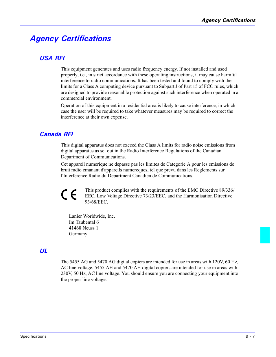 Agency certifications, Usa rfi, Canada rfi | Agency certifications -7, Usa rfi -7 canada rfi -7, Ul -7 | Lanier 5470 User Manual | Page 165 / 184