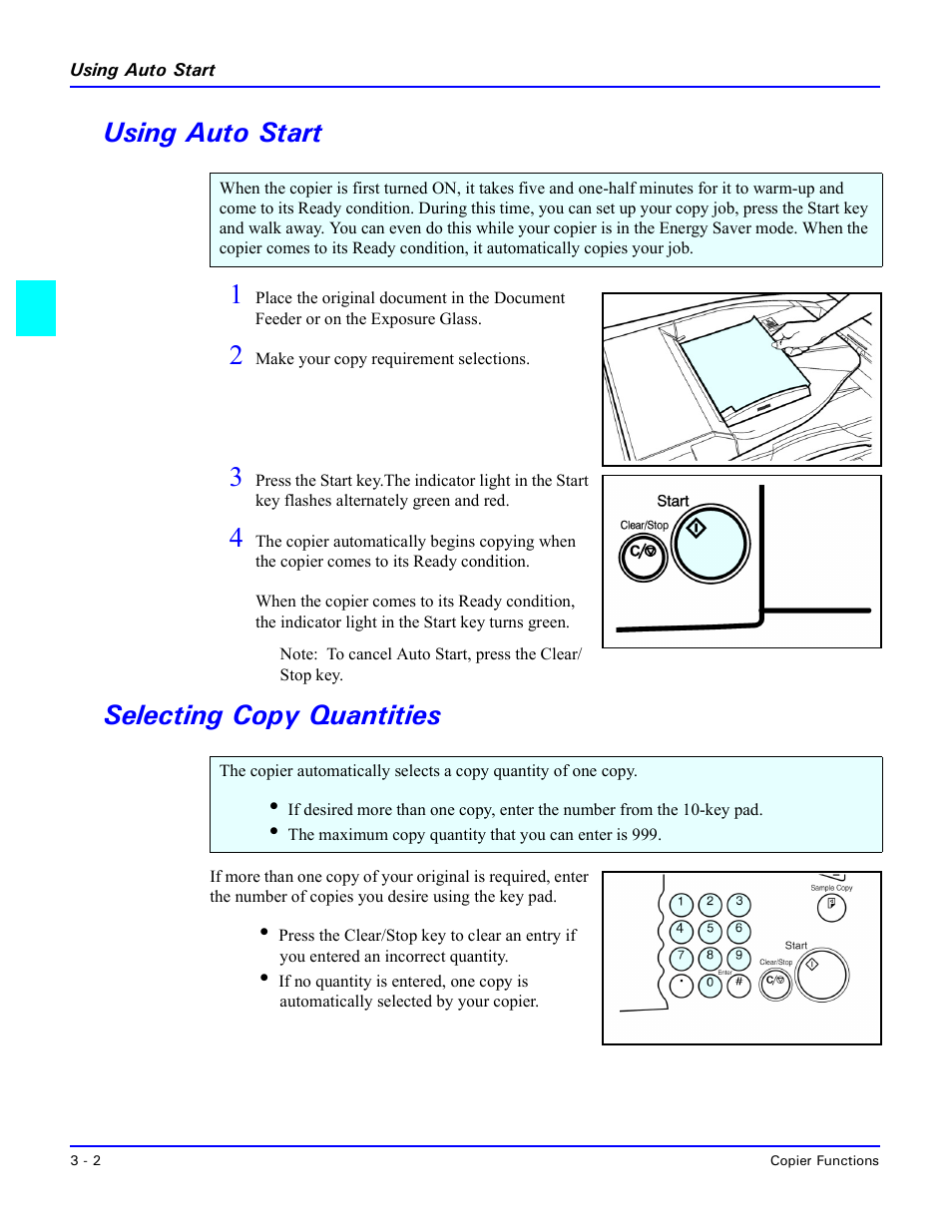 Using auto start, Selecting copy quantities, Using auto start -2 | Selecting copy quantities -2, Using auto start 1 | Lanier 5470 User Manual | Page 22 / 184