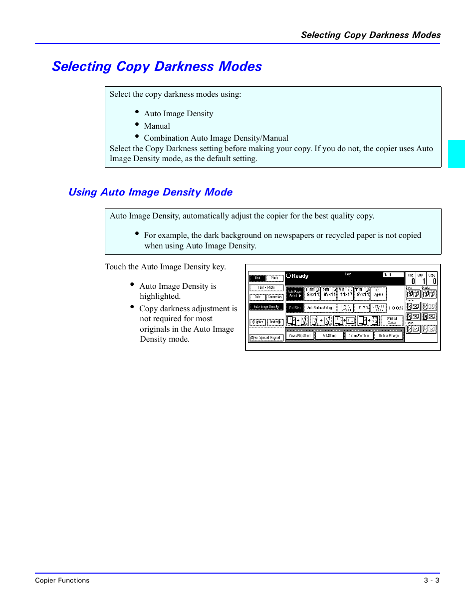 Selecting copy darkness modes, Using auto image density mode, Selecting copy darkness modes -3 | Using auto image density mode -3, D. see “using auto image density | Lanier 5470 User Manual | Page 23 / 184