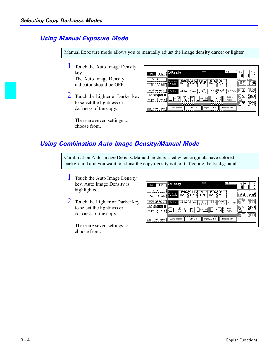 Using manual exposure mode, Using combination auto image density/manual mode, See “using manual | See “using combination auto image density | Lanier 5470 User Manual | Page 24 / 184