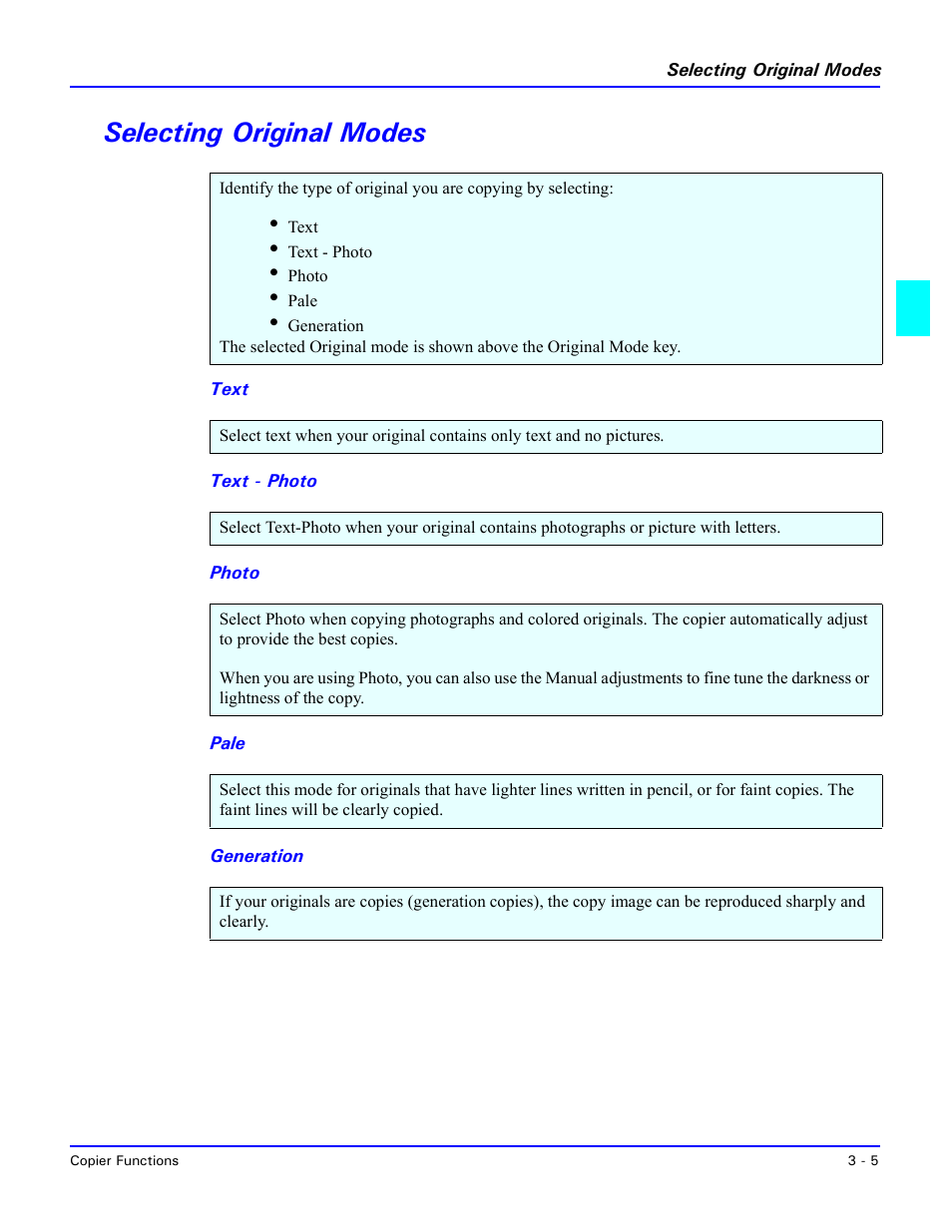 Selecting original modes, Text, Text - photo | Photo, Pale, Generation, Selecting original modes -5 | Lanier 5470 User Manual | Page 25 / 184