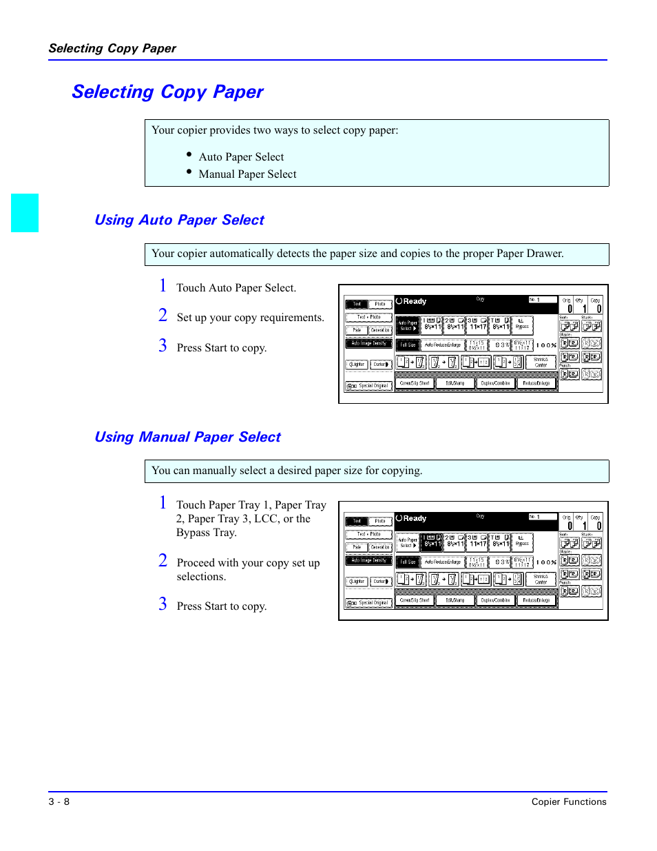 Selecting copy paper, Using auto paper select, Using manual paper select | Selecting copy paper -8 | Lanier 5470 User Manual | Page 28 / 184