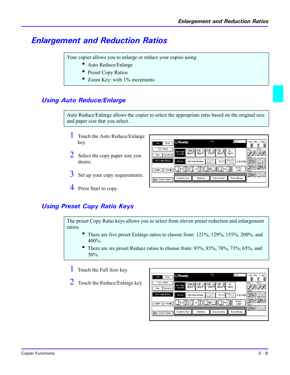 Enlargement and reduction ratios, Using auto reduce/enlarge, Using preset copy ratio keys | Enlargement and reduction ratios -9, See “using | Lanier 5470 User Manual | Page 29 / 184