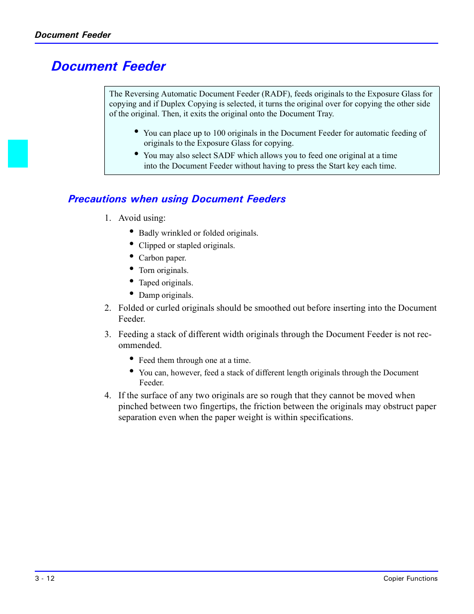 Document feeder, Precautions when using document feeders, Document feeder -12 | Precautions when using document feeders -12 | Lanier 5470 User Manual | Page 32 / 184