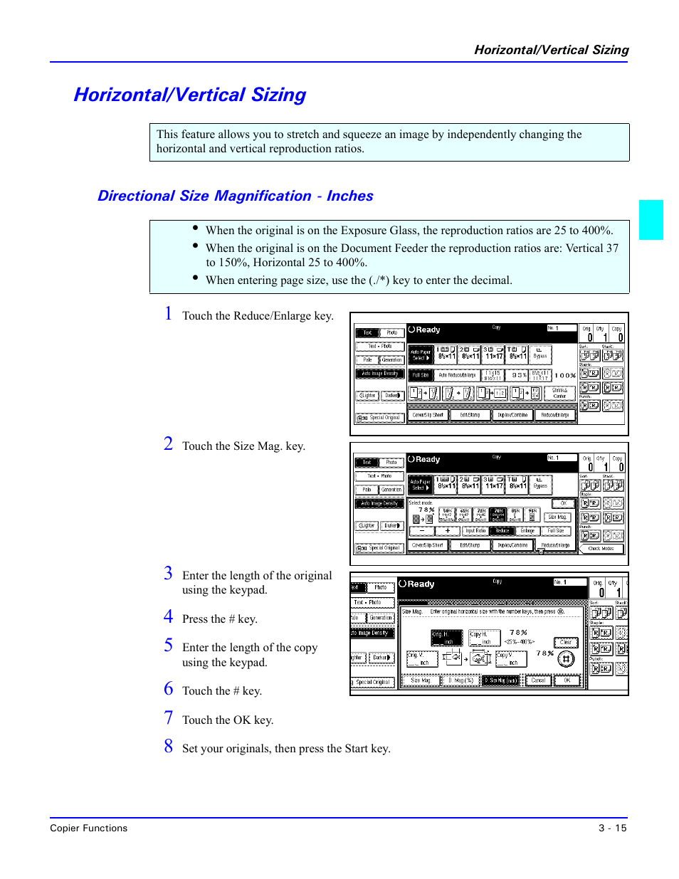 Horizontal/vertical sizing, Directional size magnification - inches, Horizontal/vertical sizing -15 | Directional size magnification - inches -15 | Lanier 5470 User Manual | Page 35 / 184