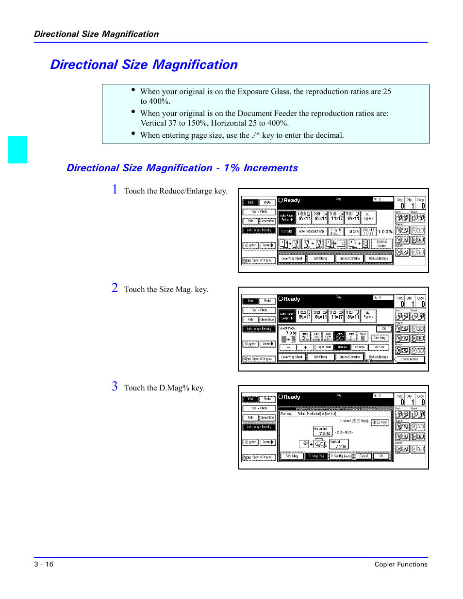 Directional size magnification, Directional size magnification - 1% increments, Directional size magnification -16 | Directional size magnification - 1% increments -16 | Lanier 5470 User Manual | Page 36 / 184