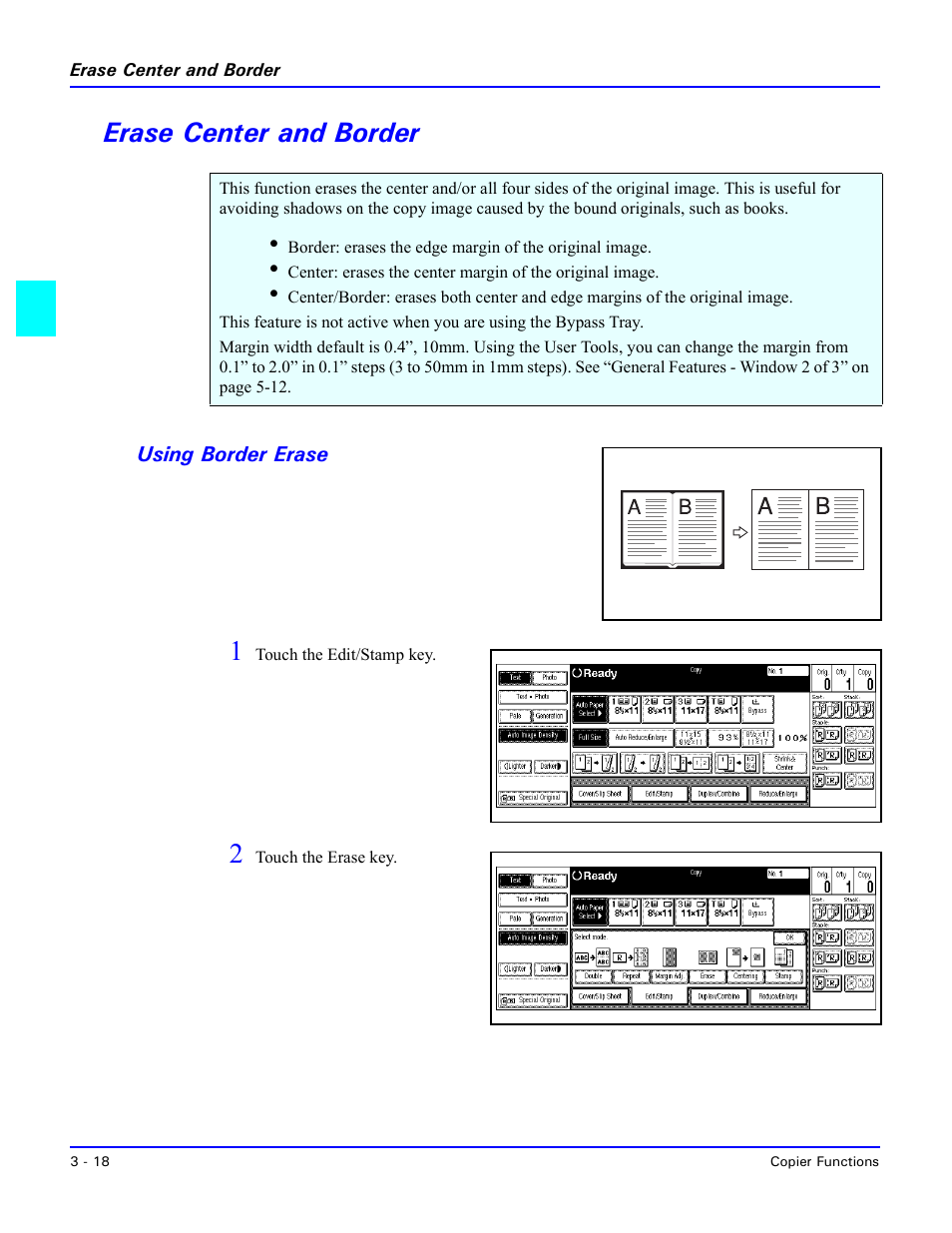 Erase center and border, Using border erase, Erase center and border -18 | Using border erase -18, System setting - paper size setting -6 | Lanier 5470 User Manual | Page 38 / 184