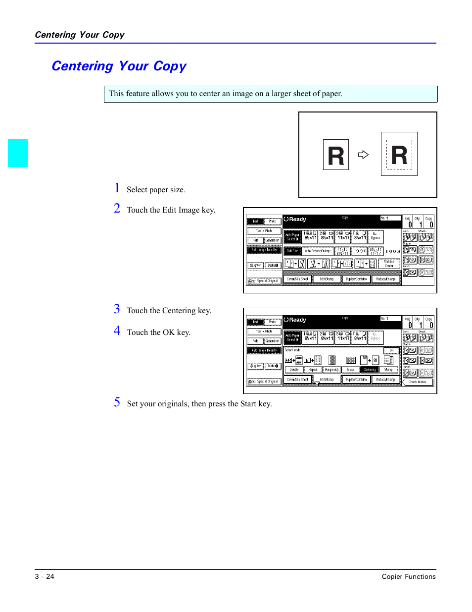 Centering your copy, Centering your copy -24, Centering your copy 1 | Lanier 5470 User Manual | Page 44 / 184