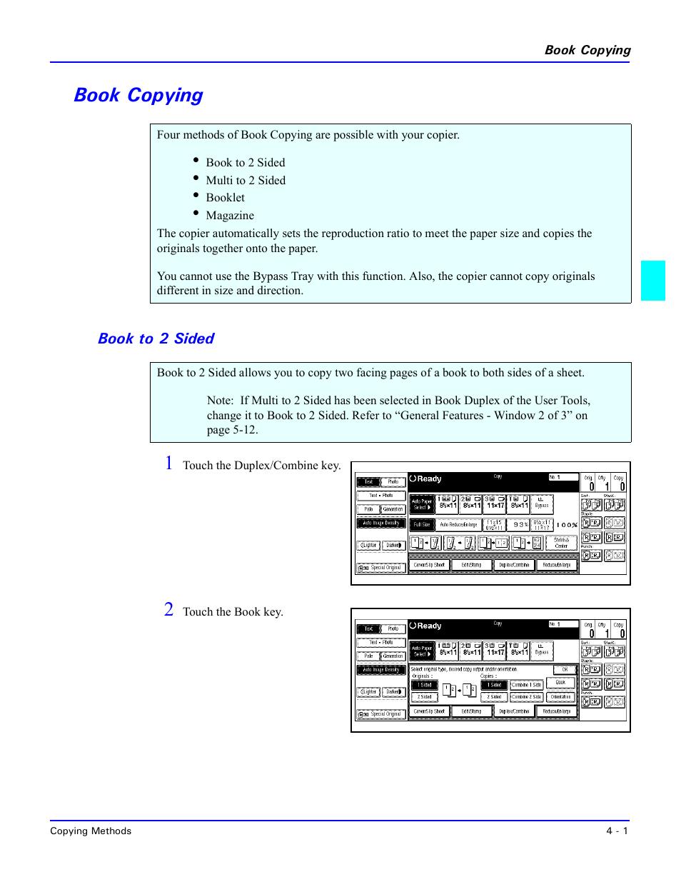 Book copying, Book to 2 sided, Book copying -1 | Book to 2 sided -1 | Lanier 5470 User Manual | Page 47 / 184