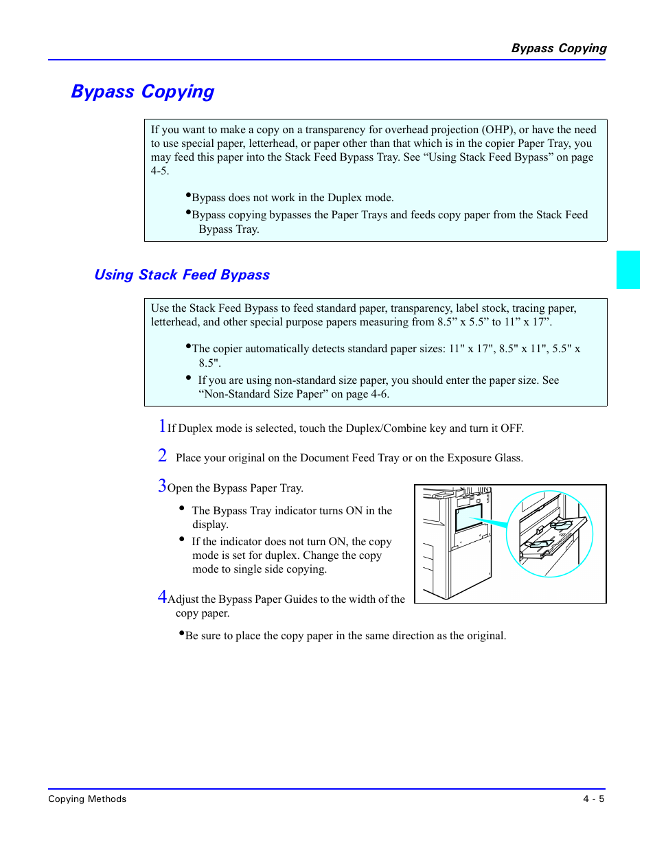 Bypass copying, Using stack feed bypass, Bypass copying -5 | Using stack feed bypass -5 | Lanier 5470 User Manual | Page 51 / 184