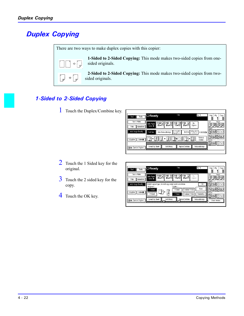 Duplex copying, Sided to 2-sided copying, Duplex copying -22 | Sided to 2-sided copying -22 | Lanier 5470 User Manual | Page 68 / 184