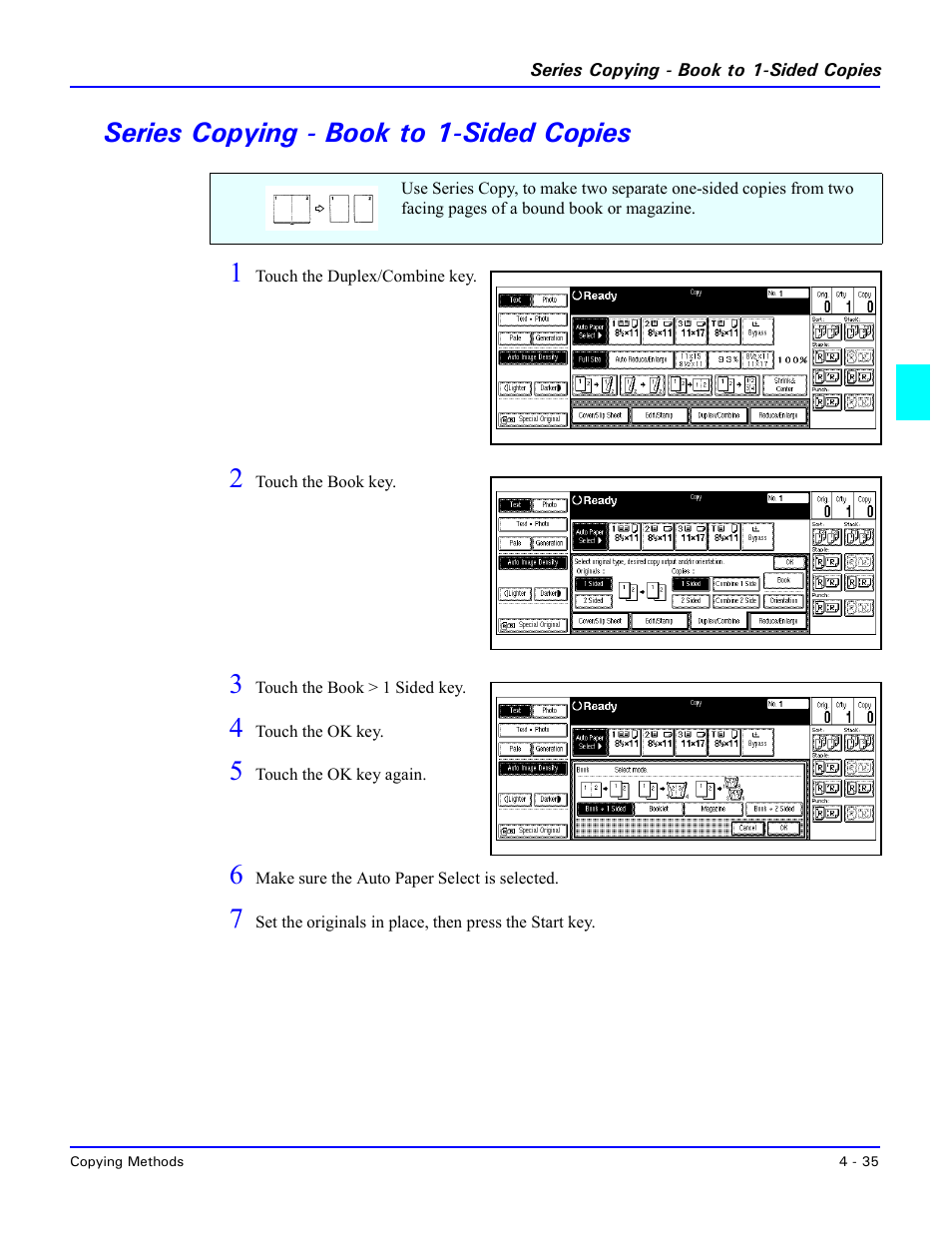 Series copying - book to 1-sided copies, Series copying - book to 1-sided copies -35, Series copying - book to 1-sided copies 1 | Lanier 5470 User Manual | Page 81 / 184