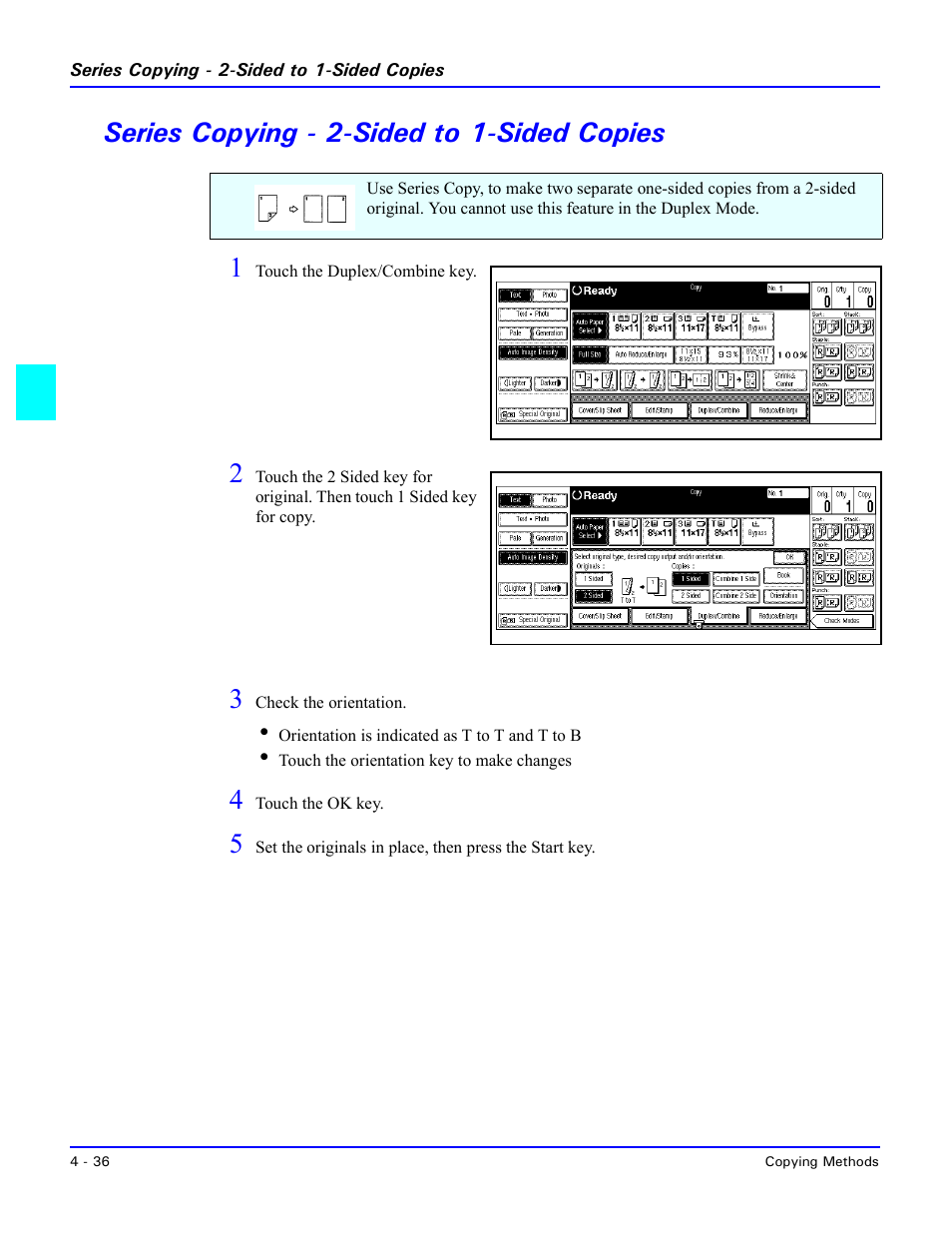 Series copying - 2-sided to 1-sided copies, Series copying - 2-sided to 1-sided copies -36, Series copying - 2-sided to 1-sided copies 1 | Lanier 5470 User Manual | Page 82 / 184