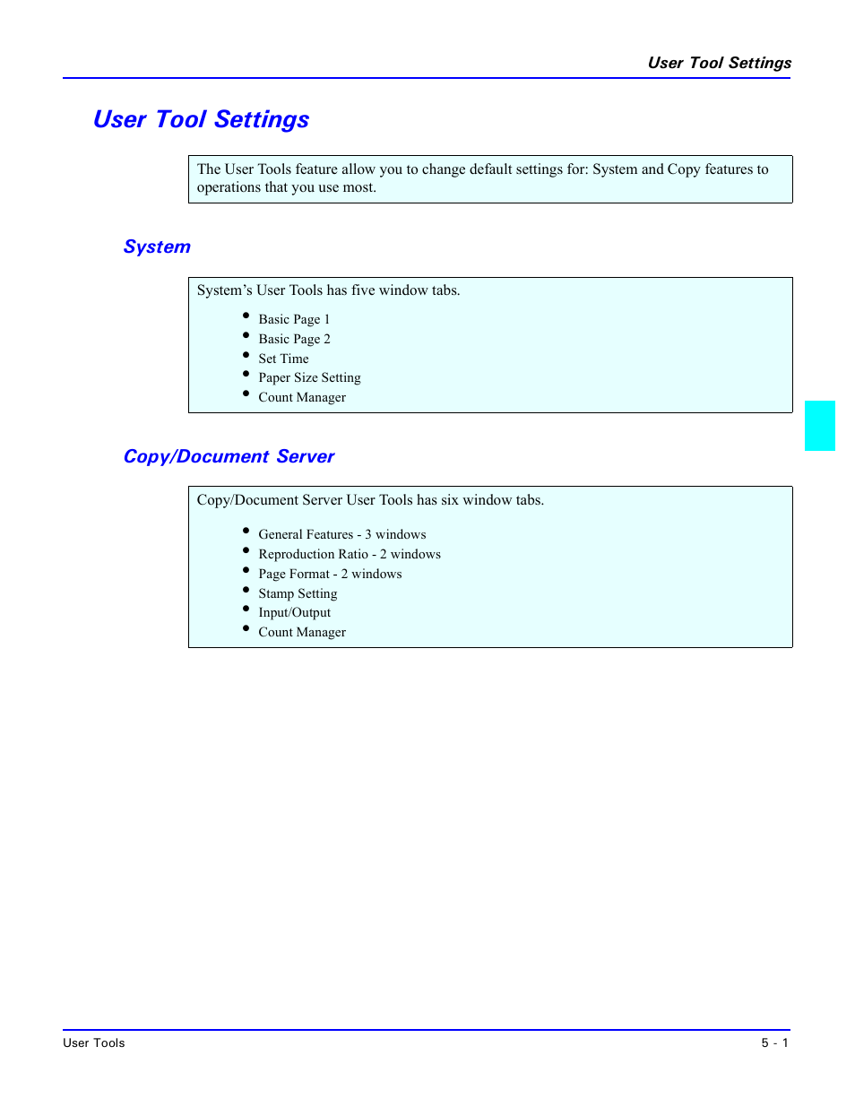User tool settings, System, Copy/document server | User tool settings -1, System -1, Copy/document server -1 | Lanier 5470 User Manual | Page 85 / 184
