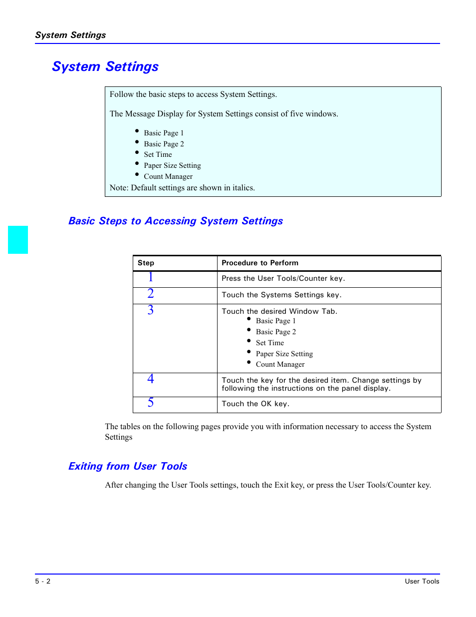 System settings, Basic steps to accessing system settings, Exiting from user tools | System settings -2, Basic steps to accessing system settings -2, Exiting from user tools -2 | Lanier 5470 User Manual | Page 86 / 184