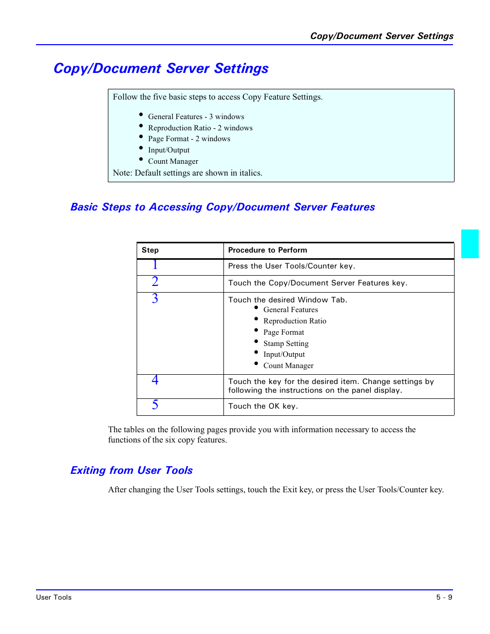 Copy/document server settings, Exiting from user tools, Copy/document server settings -9 | Lanier 5470 User Manual | Page 93 / 184