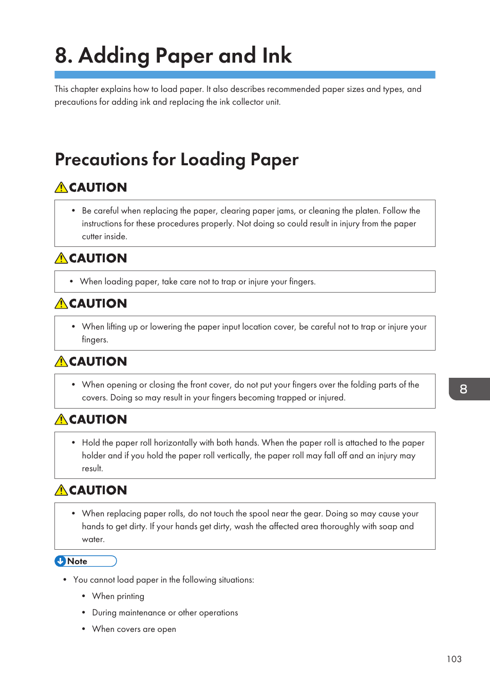 Adding paper and ink, Precautions for loading paper | Lanier CW2200SP User Manual | Page 105 / 220