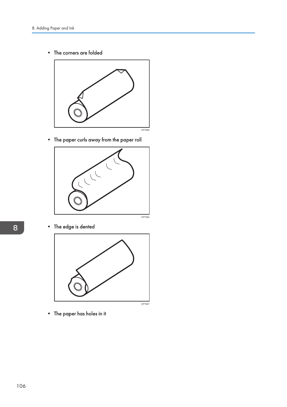 The corners are folded, The paper curls away from the paper roll, The edge is dented | The paper has holes in it | Lanier CW2200SP User Manual | Page 108 / 220