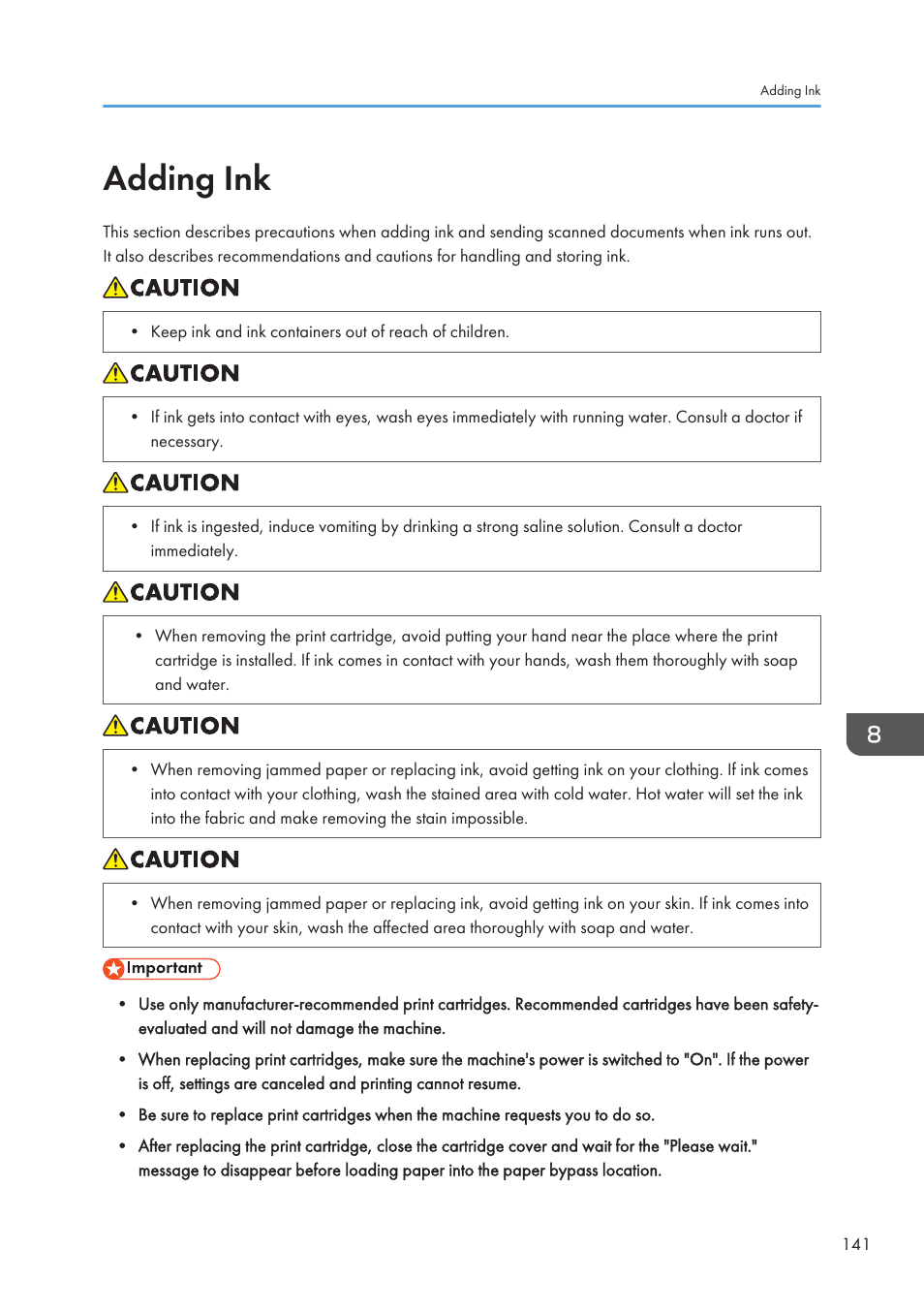 Adding ink | Lanier CW2200SP User Manual | Page 143 / 220