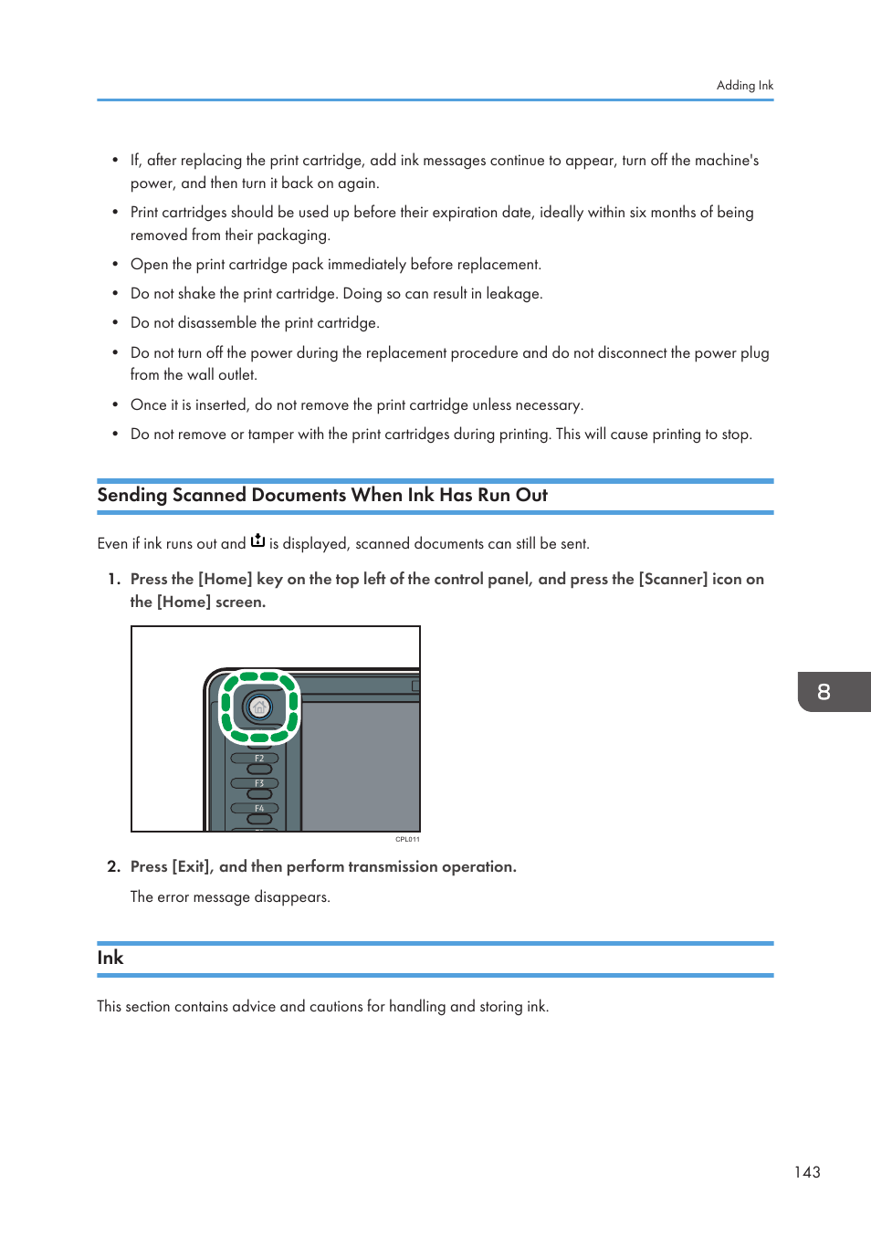 Sending scanned documents when ink has run out, Sending scanned documents when ink has run out ink | Lanier CW2200SP User Manual | Page 145 / 220