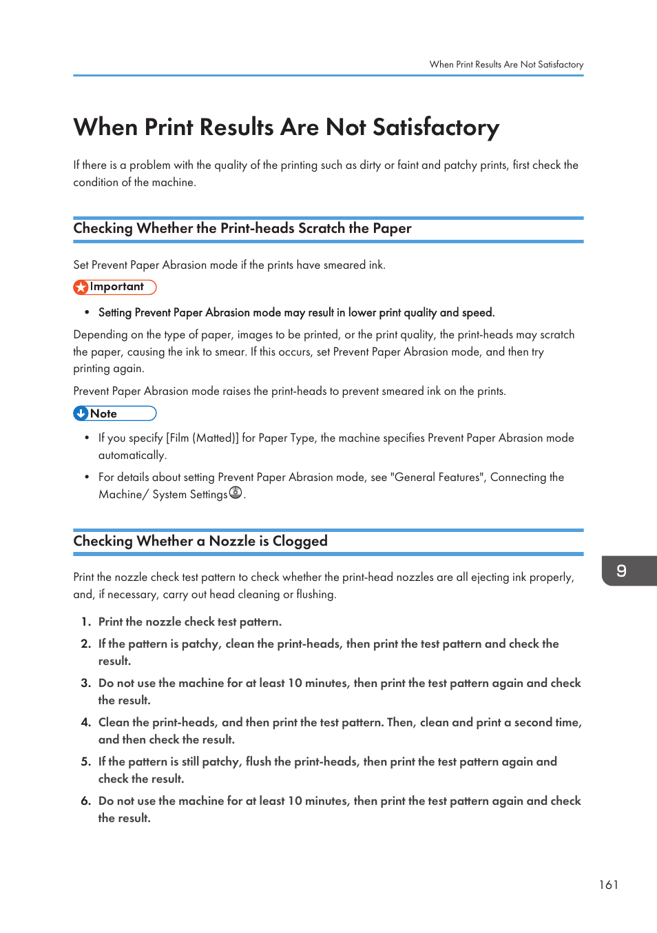 When print results are not satisfactory, Checking whether the print-heads scratch the paper, Checking whether a nozzle is clogged | Lanier CW2200SP User Manual | Page 163 / 220