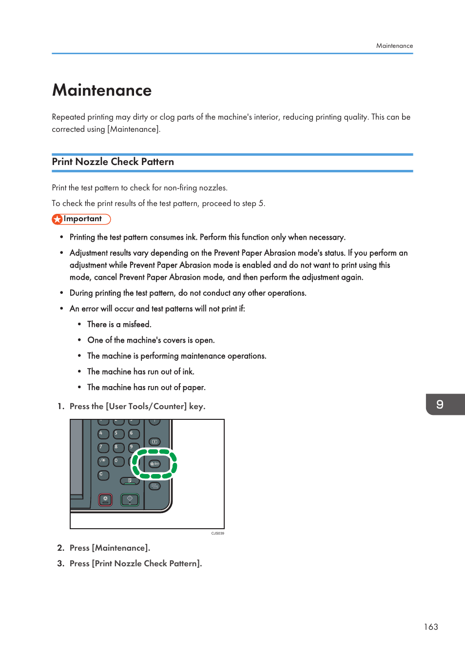 Maintenance, Print nozzle check pattern | Lanier CW2200SP User Manual | Page 165 / 220