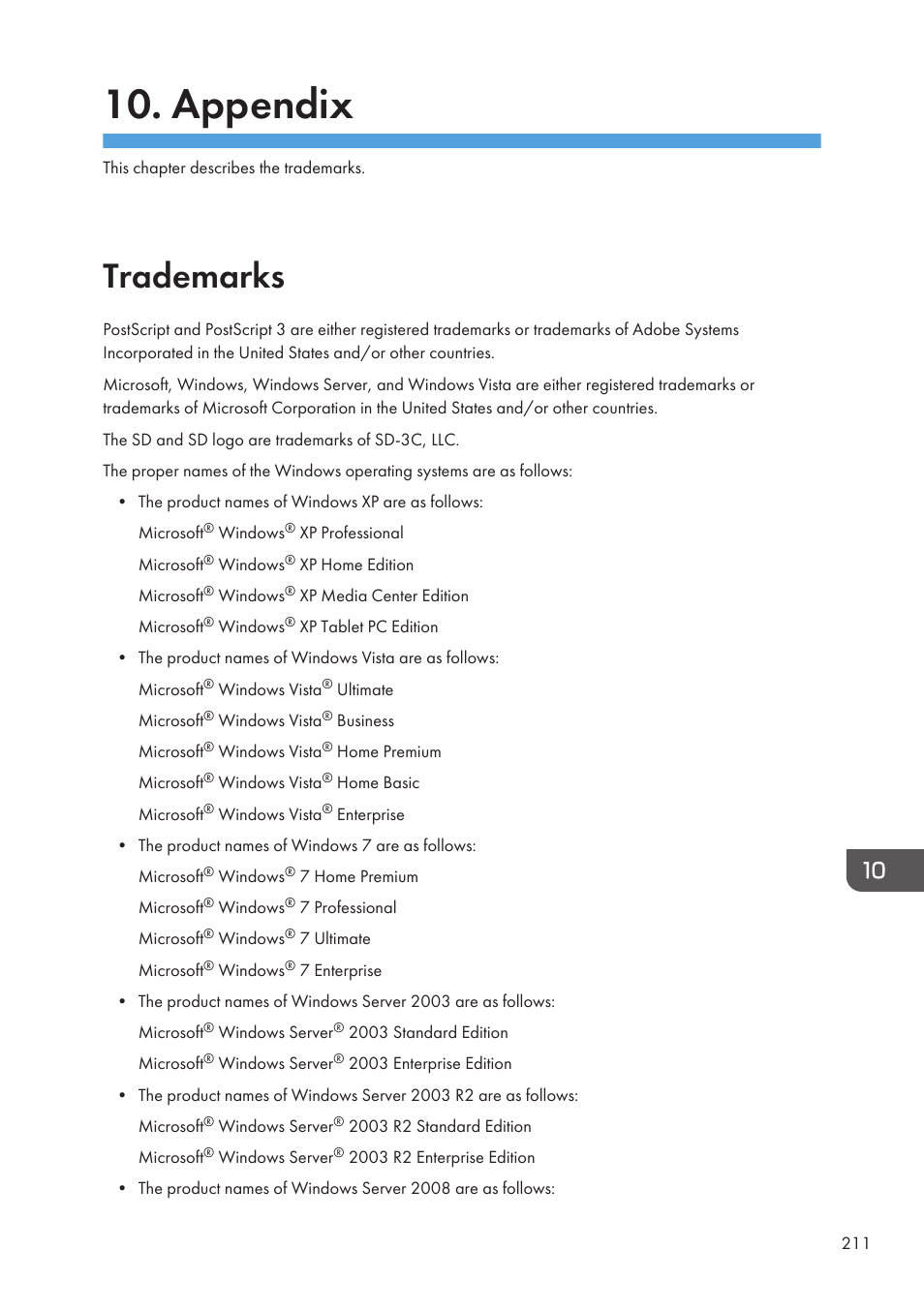 Appendix, Trademarks | Lanier CW2200SP User Manual | Page 213 / 220