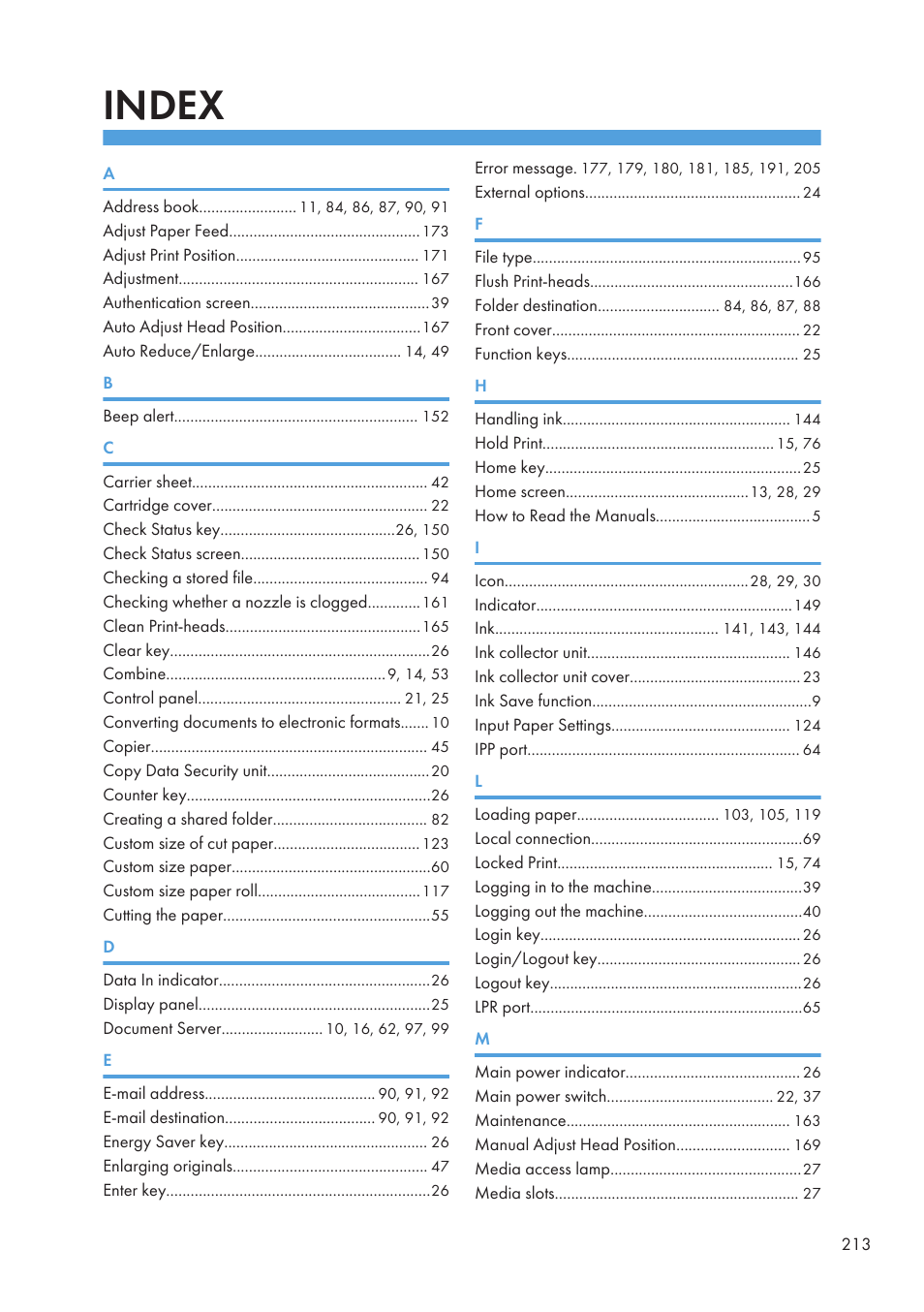 Index | Lanier CW2200SP User Manual | Page 215 / 220