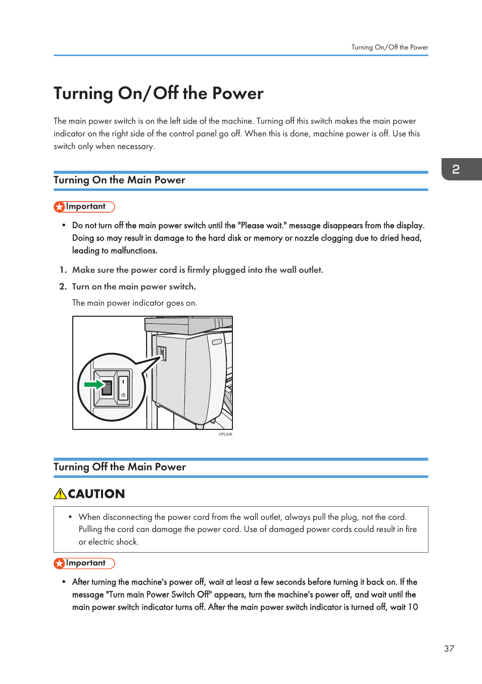 Turning on/off the power, Turning on the main power, Turning off the main power | Lanier CW2200SP User Manual | Page 39 / 220