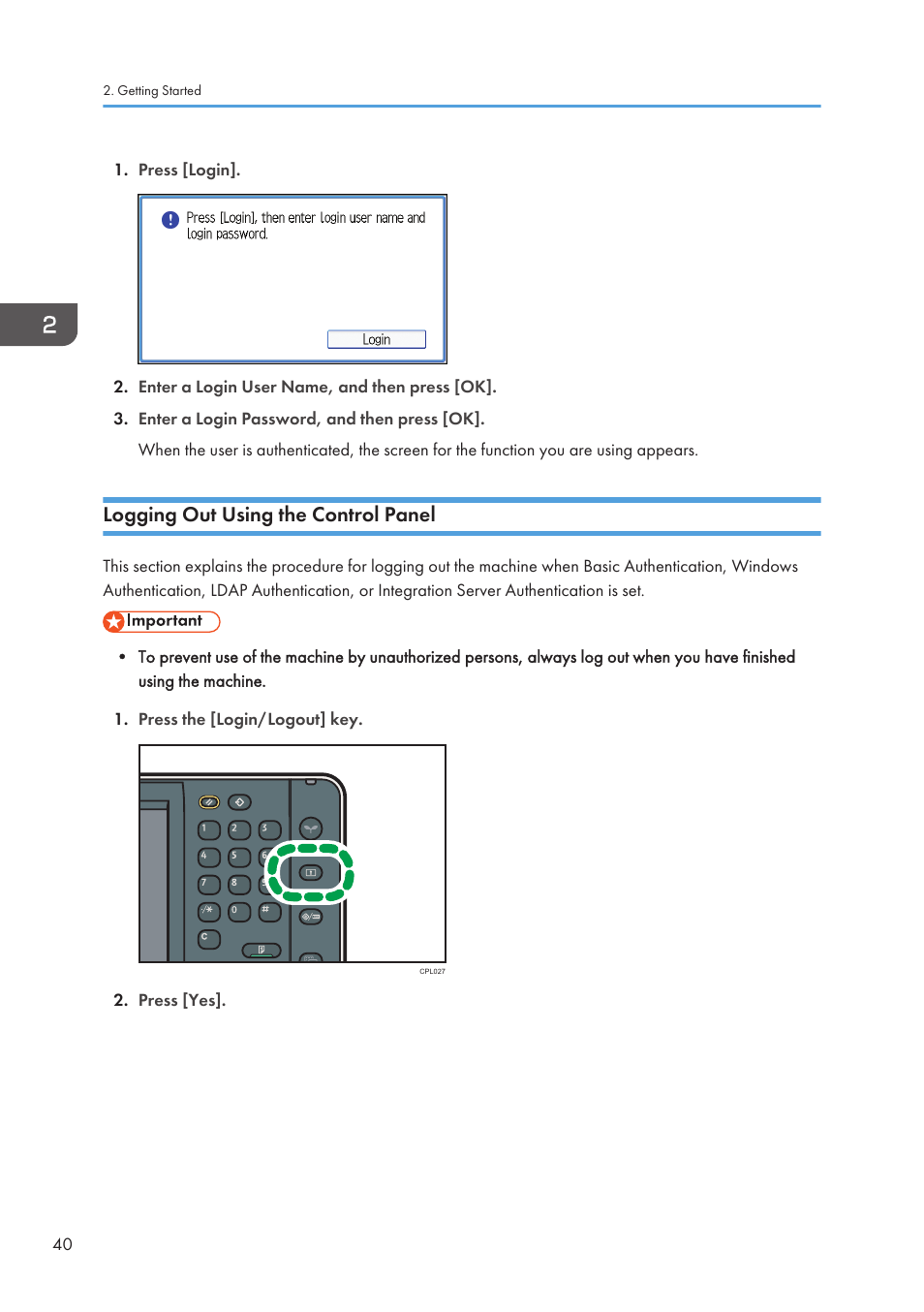 Logging out using the control panel | Lanier CW2200SP User Manual | Page 42 / 220