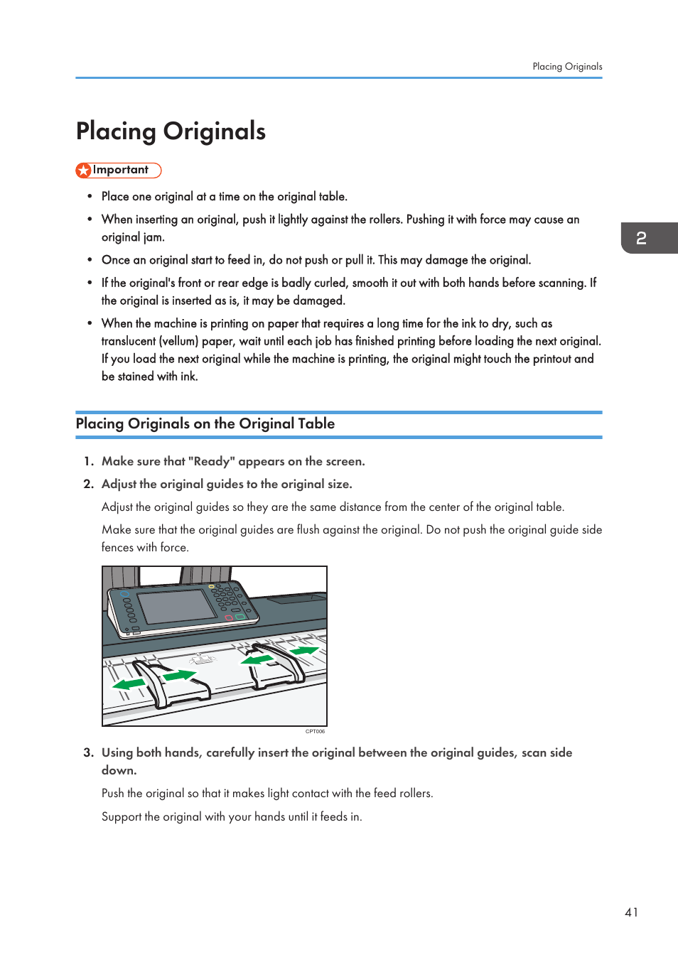 Placing originals, Placing originals on the original table | Lanier CW2200SP User Manual | Page 43 / 220