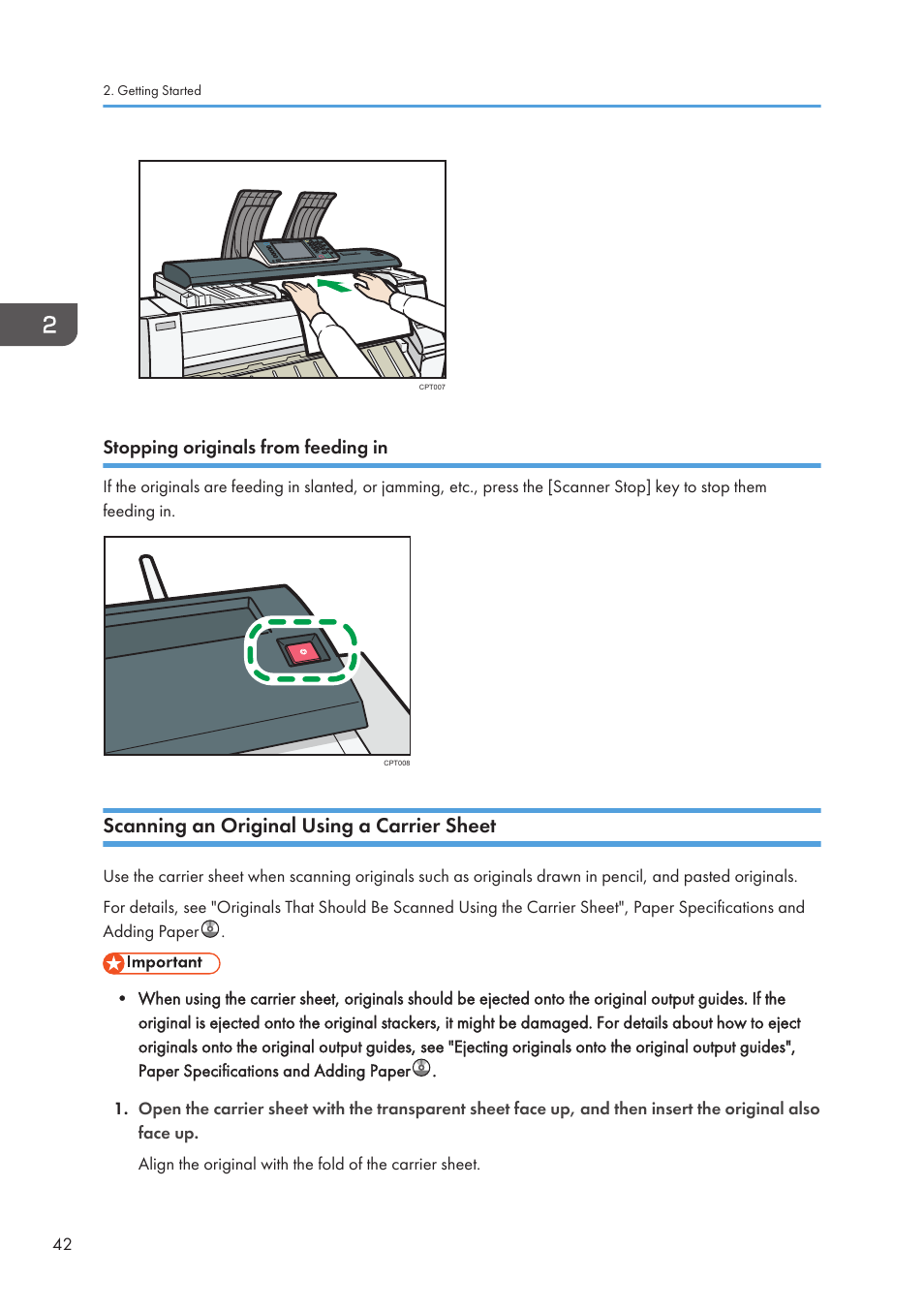 Stopping originals from feeding in, Scanning an original using a carrier sheet | Lanier CW2200SP User Manual | Page 44 / 220