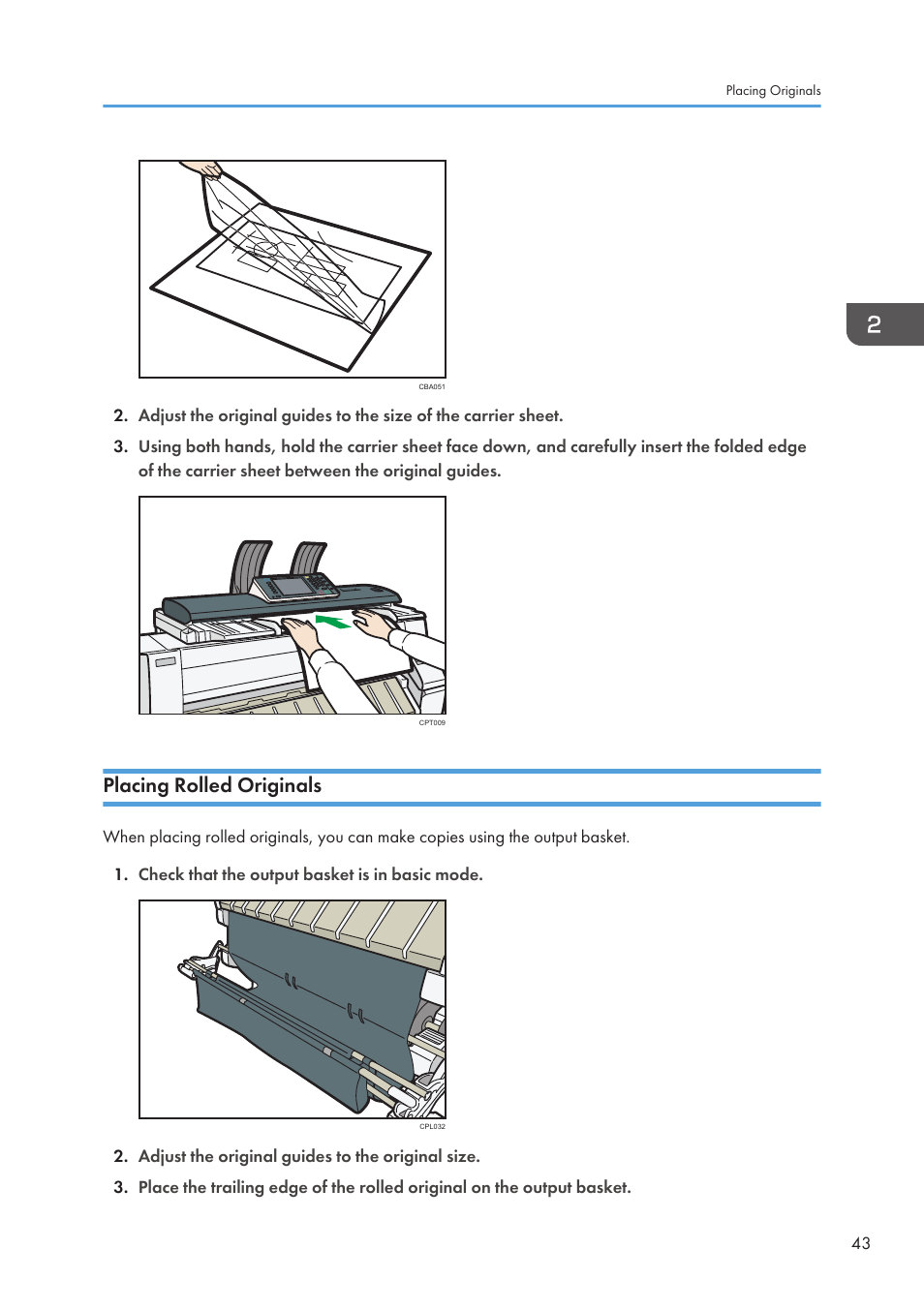Placing rolled originals | Lanier CW2200SP User Manual | Page 45 / 220
