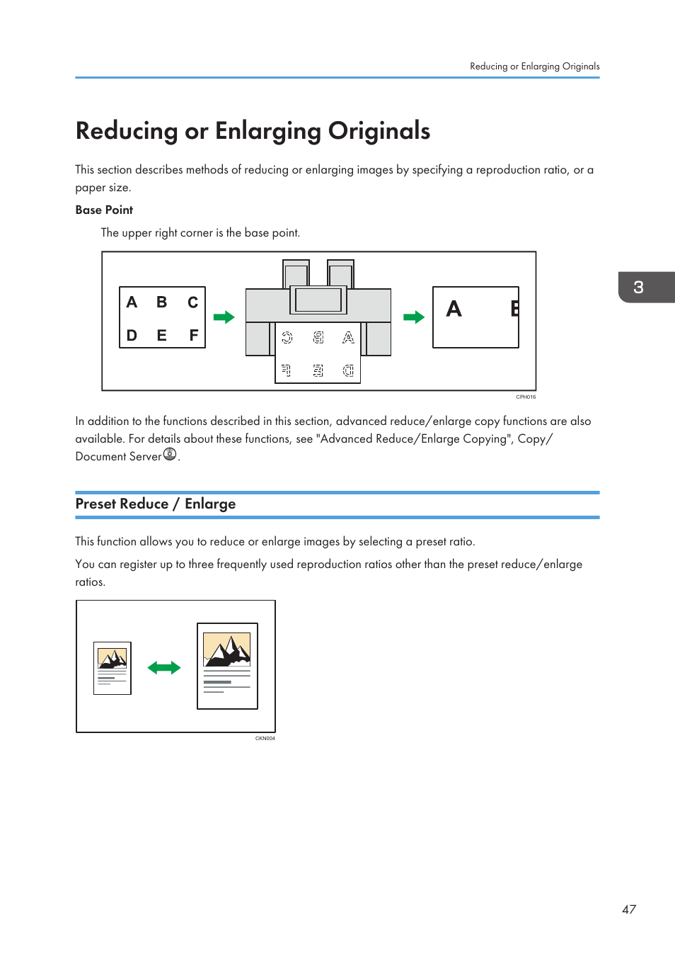 Reducing or enlarging originals, Preset reduce / enlarge | Lanier CW2200SP User Manual | Page 49 / 220