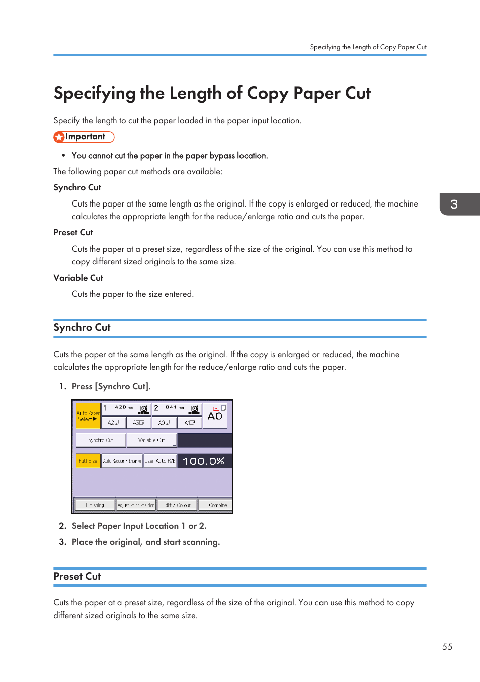 Specifying the length of copy paper cut, Synchro cut, Preset cut | Synchro cut preset cut | Lanier CW2200SP User Manual | Page 57 / 220