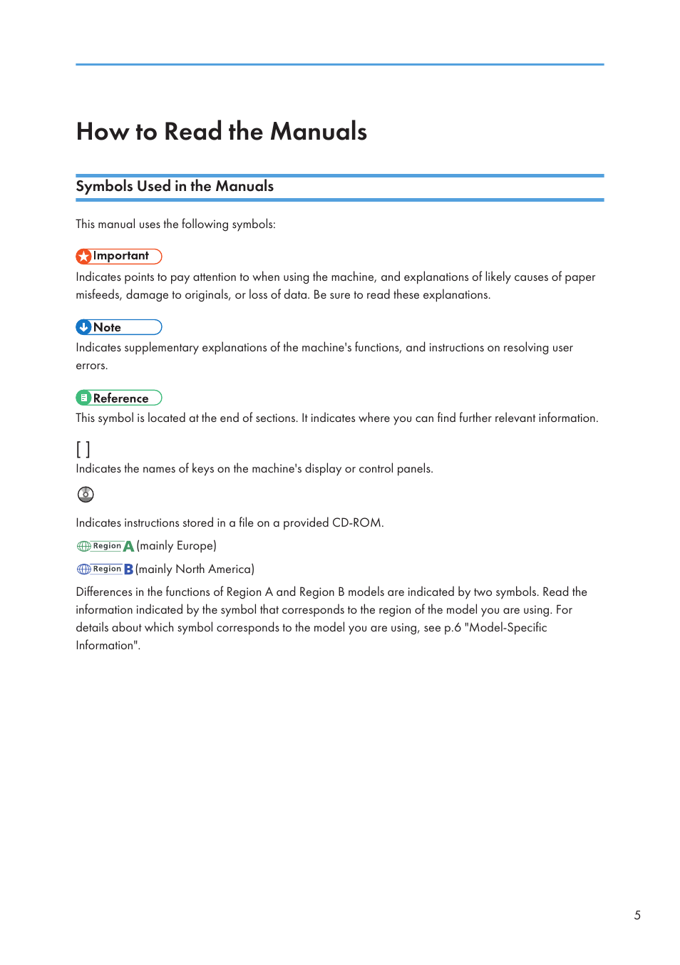 How to read the manuals, Symbols used in the manuals | Lanier CW2200SP User Manual | Page 7 / 220