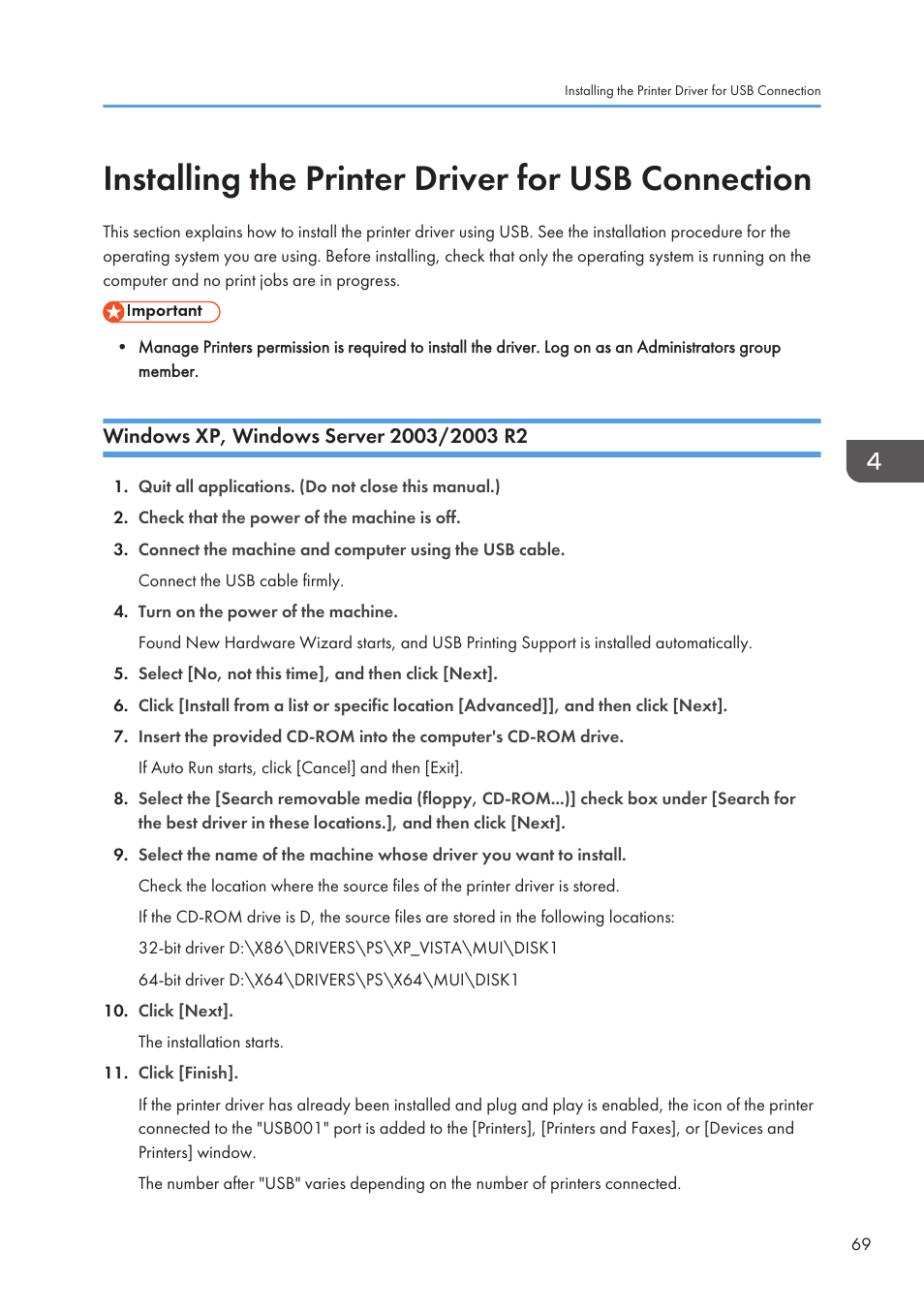 Installing the printer driver for usb connection, Windows xp, windows server 2003/2003 r2 | Lanier CW2200SP User Manual | Page 71 / 220