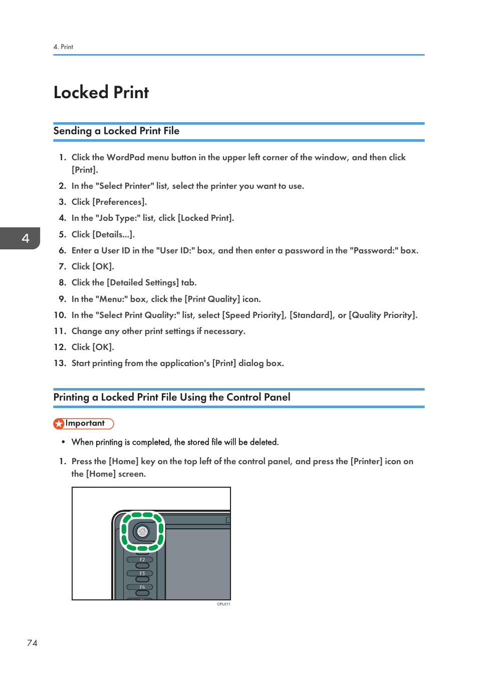 Locked print, Sending a locked print file | Lanier CW2200SP User Manual | Page 76 / 220