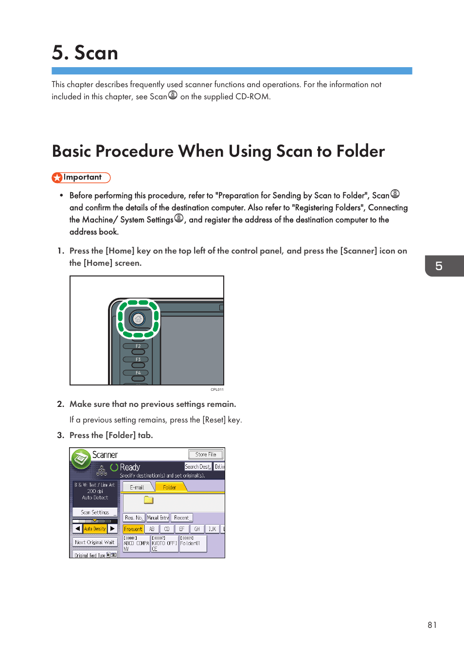 Scan, Basic procedure when using scan to folder | Lanier CW2200SP User Manual | Page 83 / 220
