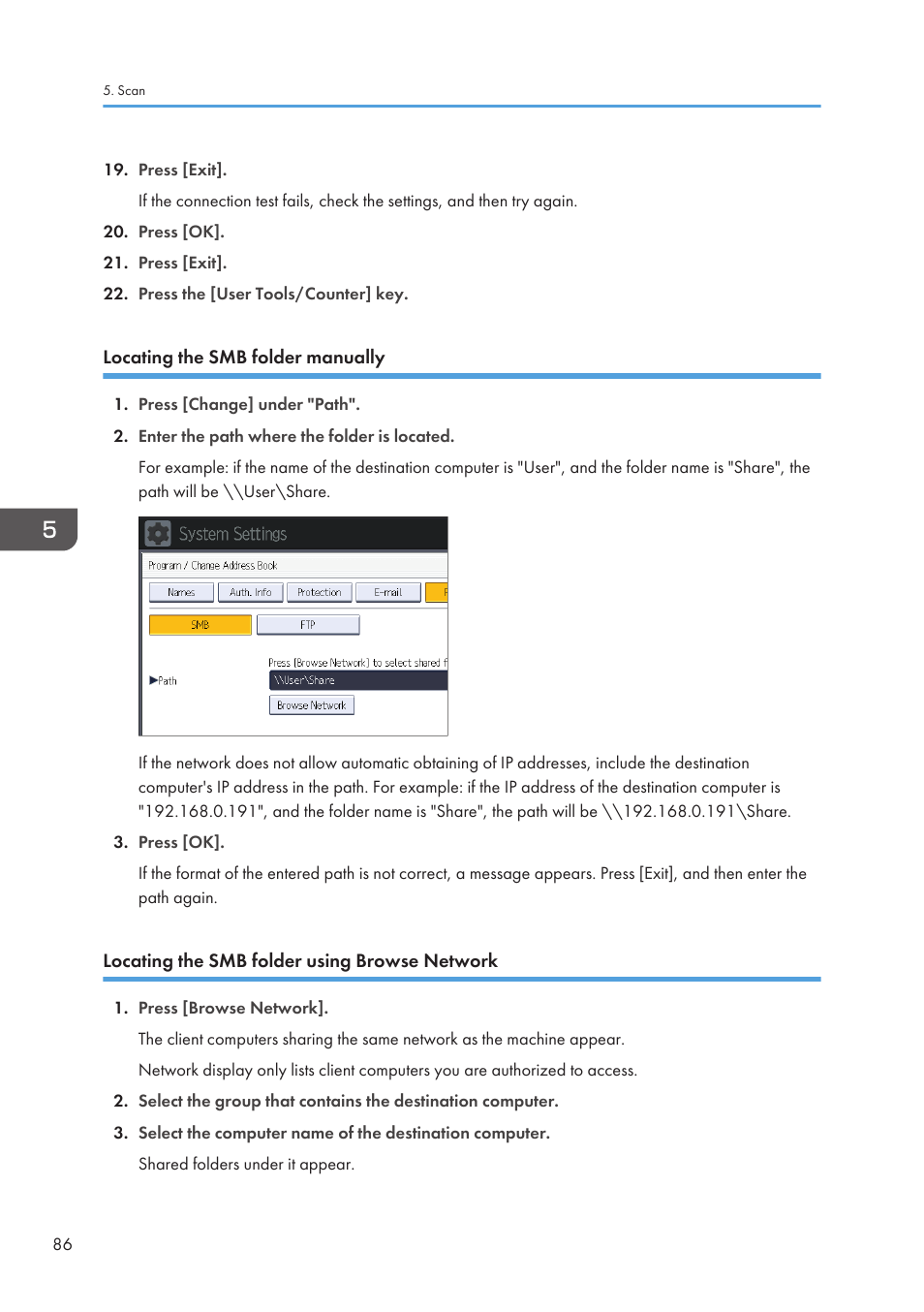 Locating the smb folder manually, Locating the smb folder using browse network | Lanier CW2200SP User Manual | Page 88 / 220