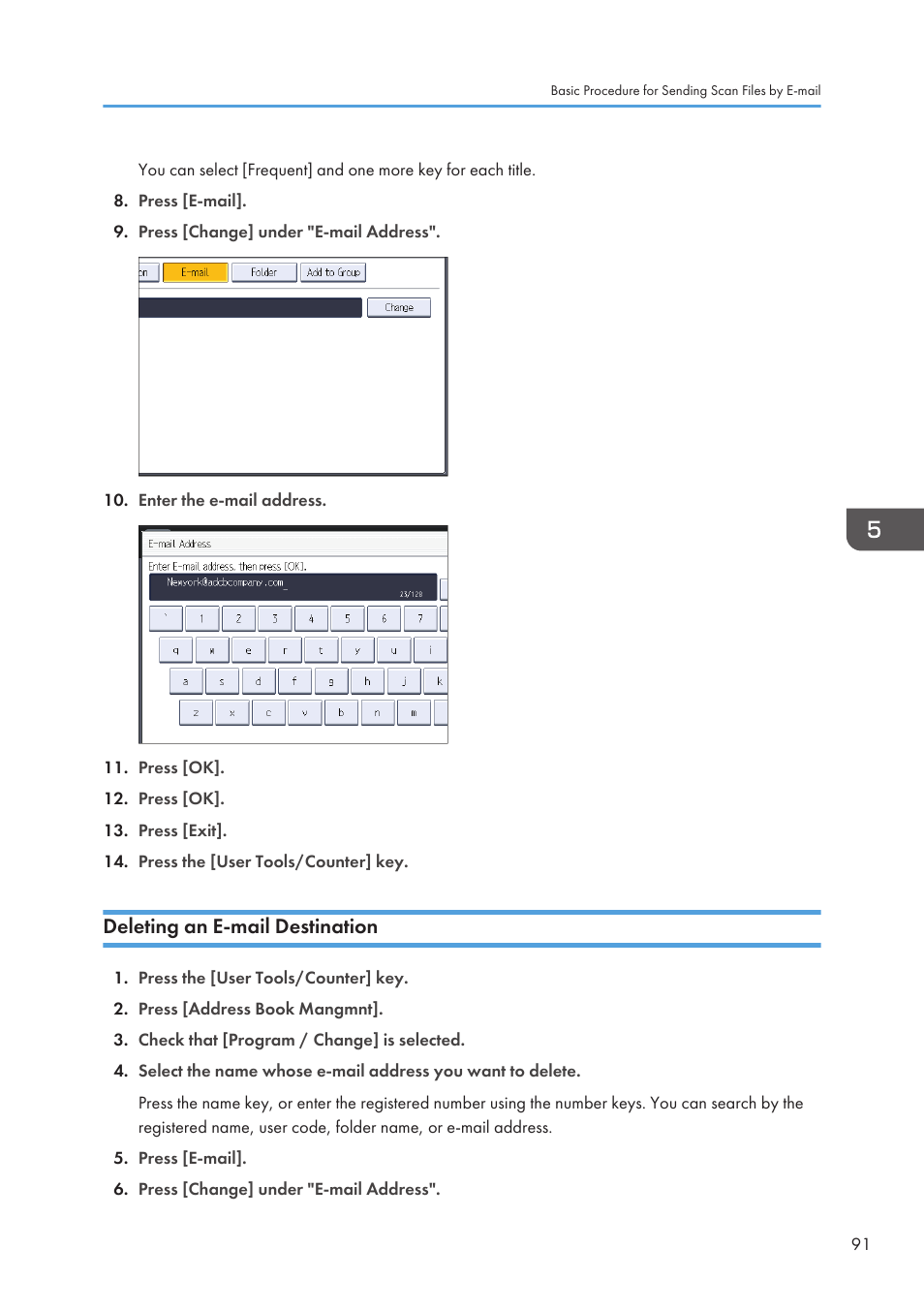 Deleting an e-mail destination | Lanier CW2200SP User Manual | Page 93 / 220