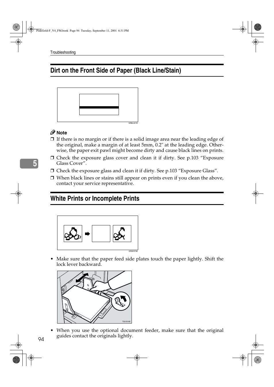 Dirt on the front side of paper (black line/stain), White prints or incomplete prints | Lanier JP1030 User Manual | Page 106 / 128