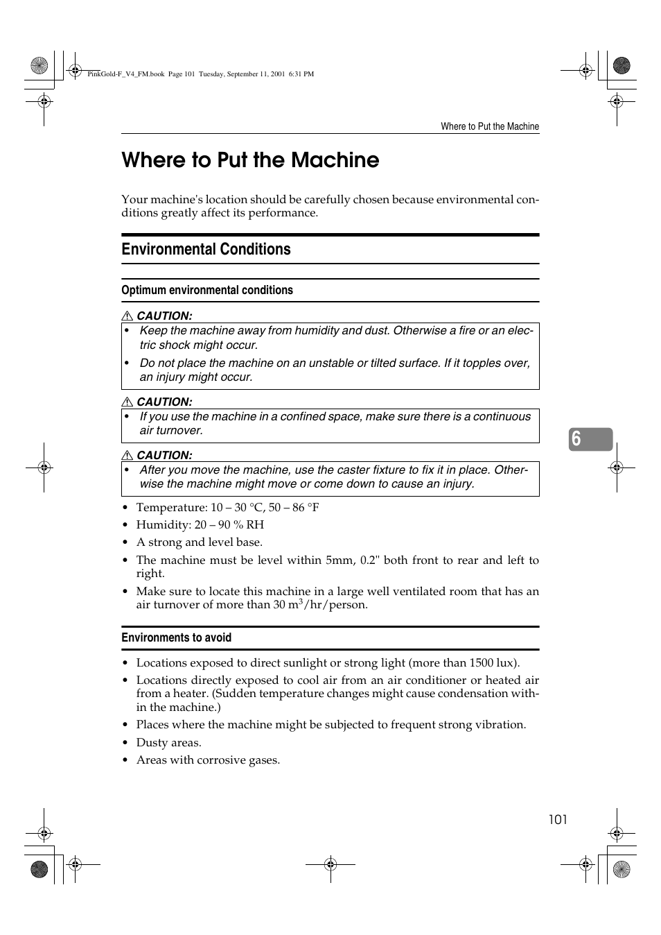 Where to put the machine, 6where to put the machine, Environmental conditions | Lanier JP1030 User Manual | Page 113 / 128