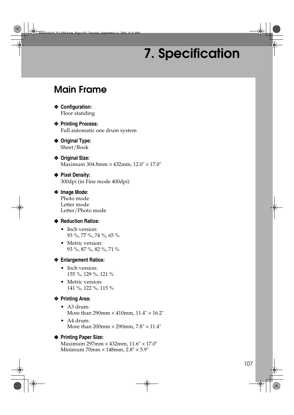 Specification, Main frame | Lanier JP1030 User Manual | Page 119 / 128