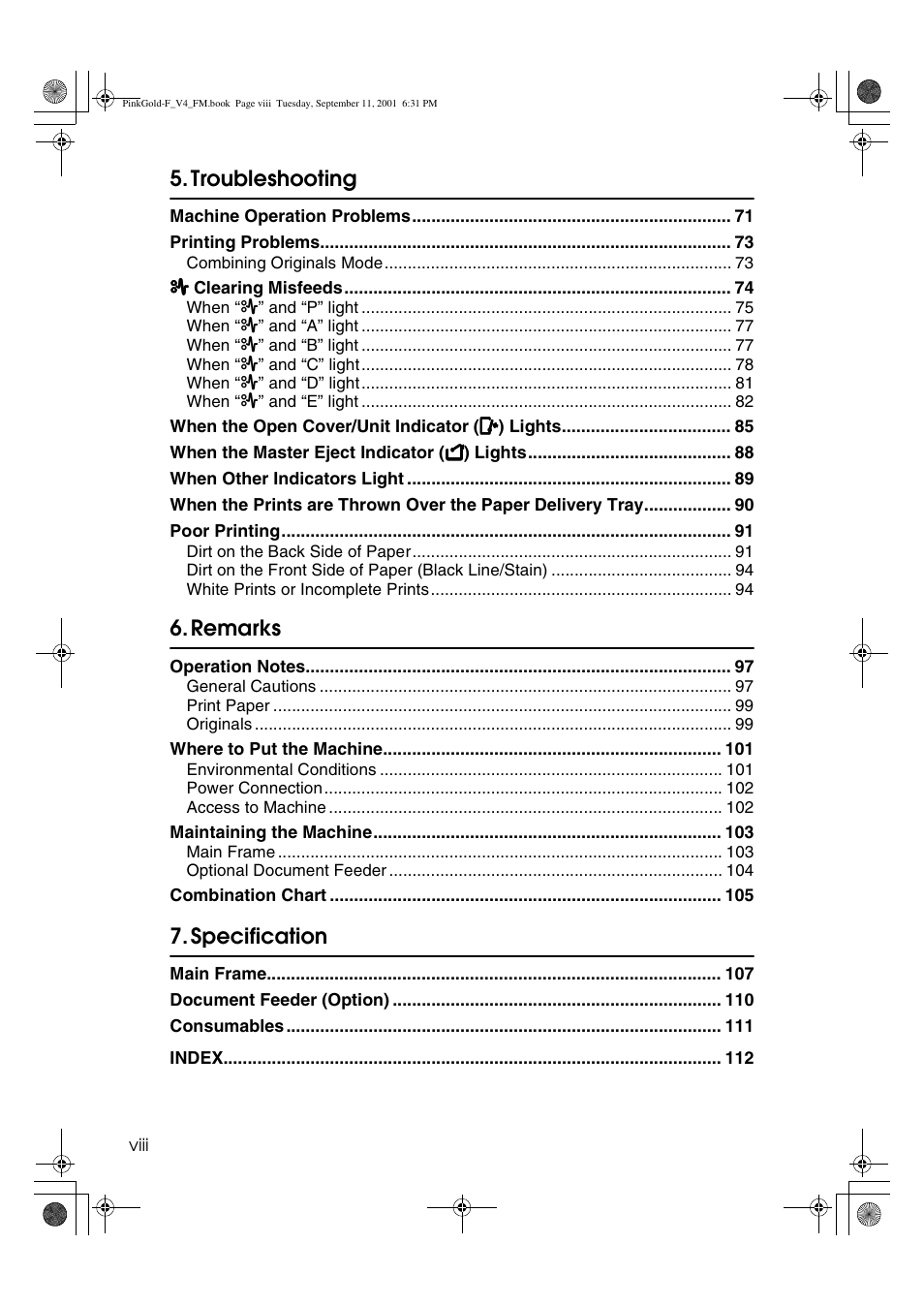 Troubleshooting, Remarks, Specification | Lanier JP1030 User Manual | Page 12 / 128