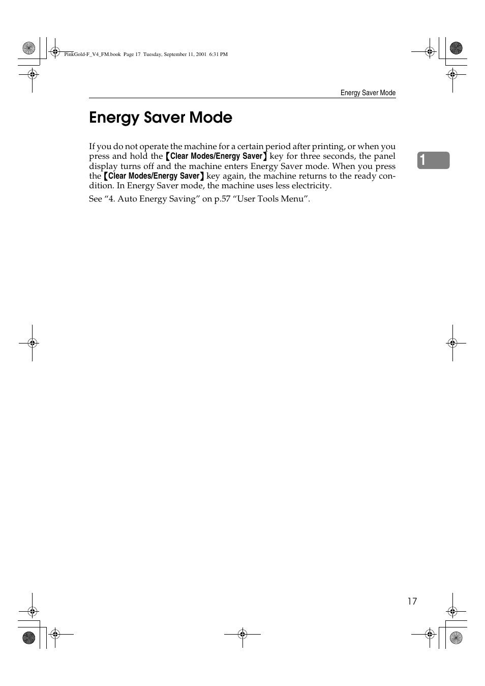 Energy saver mode, 1energy saver mode | Lanier JP1030 User Manual | Page 29 / 128