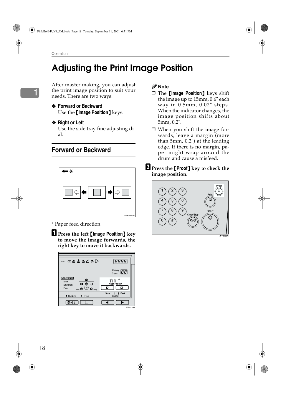Adjusting the print image position, 1adjusting the print image position, Forward or backward | Lanier JP1030 User Manual | Page 30 / 128