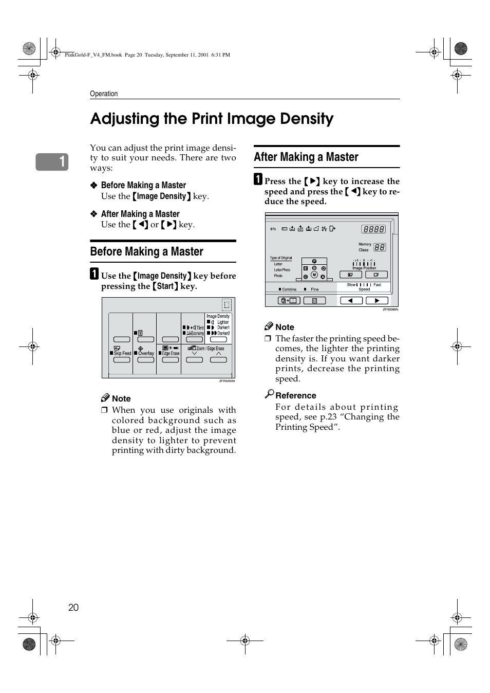 Adjusting the print image density, 1adjusting the print image density, Before making a master | After making a master | Lanier JP1030 User Manual | Page 32 / 128